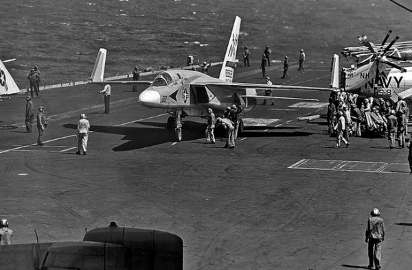 CVW-11 RVAH-6 Fleurs RA-5C Vigilante BuNo 156632, NH-602, aboard the USS Kitty Hawk (CVA-63) 7 April 1975. HS-8 SH-3G Sea King BuNo 154116 is at right.