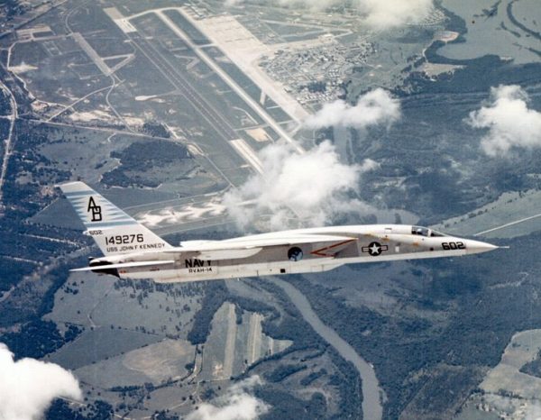 A June 1969 aerial view looking southwest at a beautiful North American RA-5C Vigilante of RVAH-14 in flight over NAS Albany. 