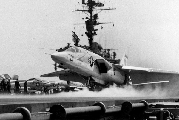 RVAH-6 Fleurs RA-5C Vigilante NL-701 ready for launch from the USS Constellation, 1966. Photographer unknown. VA-153 Blue Tail Flies A-4C NL-314 at left.