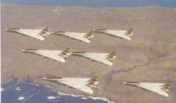 Formação de sete Tomcat do 9º Regimento, embarcado no Constellation. O F-14A foram uma importante arma de defesa da Marinha dos EUA.