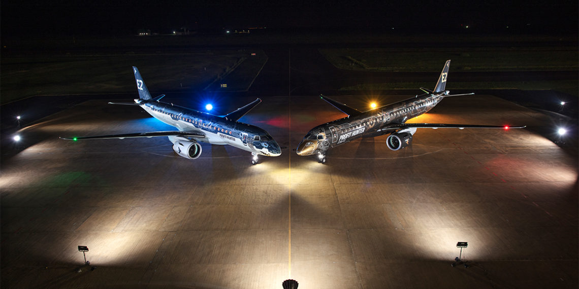 As aeronaves E195-E2, E190-E2 (vistas acima) estarão em exposição.